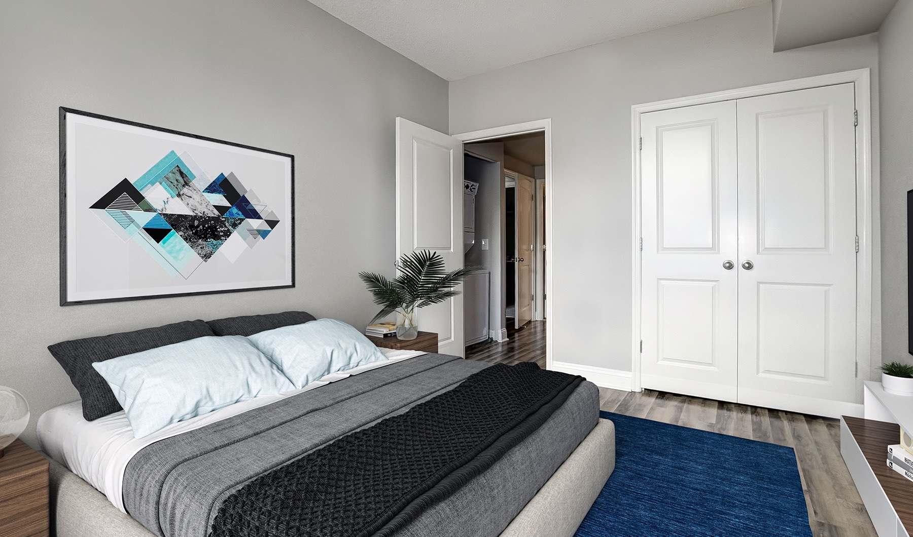bedroom with large bed and grey walls bedroom with large bed and grey walls